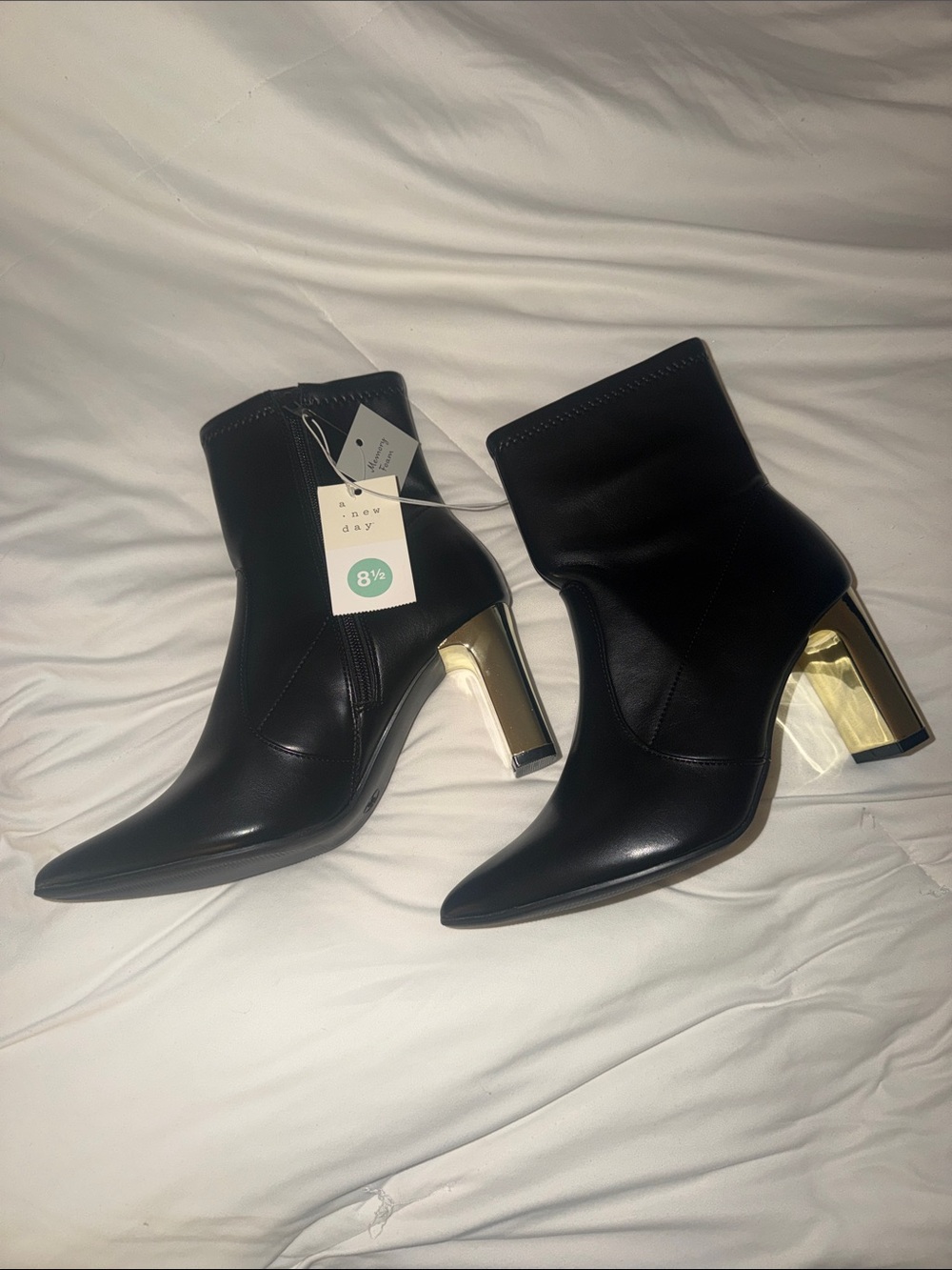 a new day Black Pointed Toe Ankle Booties with Gold Block Heel